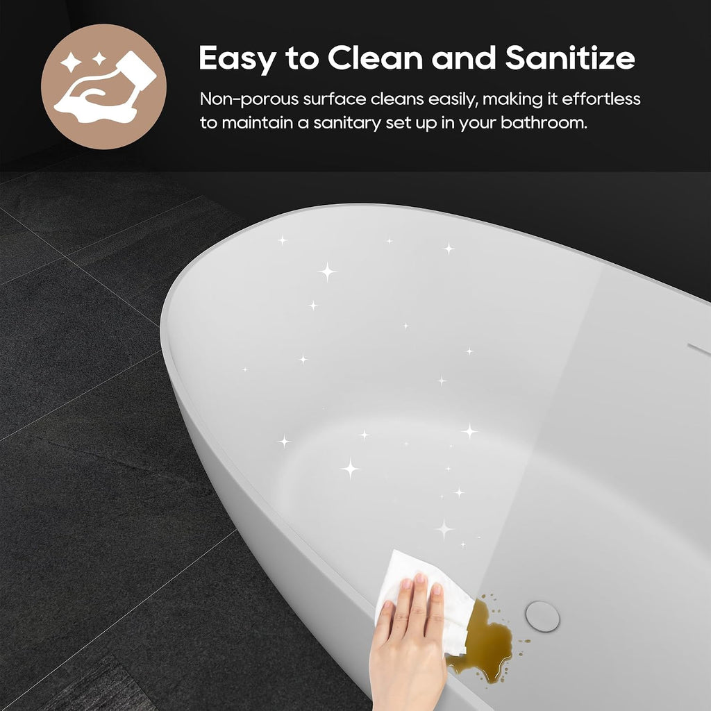 59' Freestanding Solid Surface Bathtub, Oval Stone Resin Soaking Tub Modern Design Stand Alone Tub with Pop-up Drain & Overflow Matte White