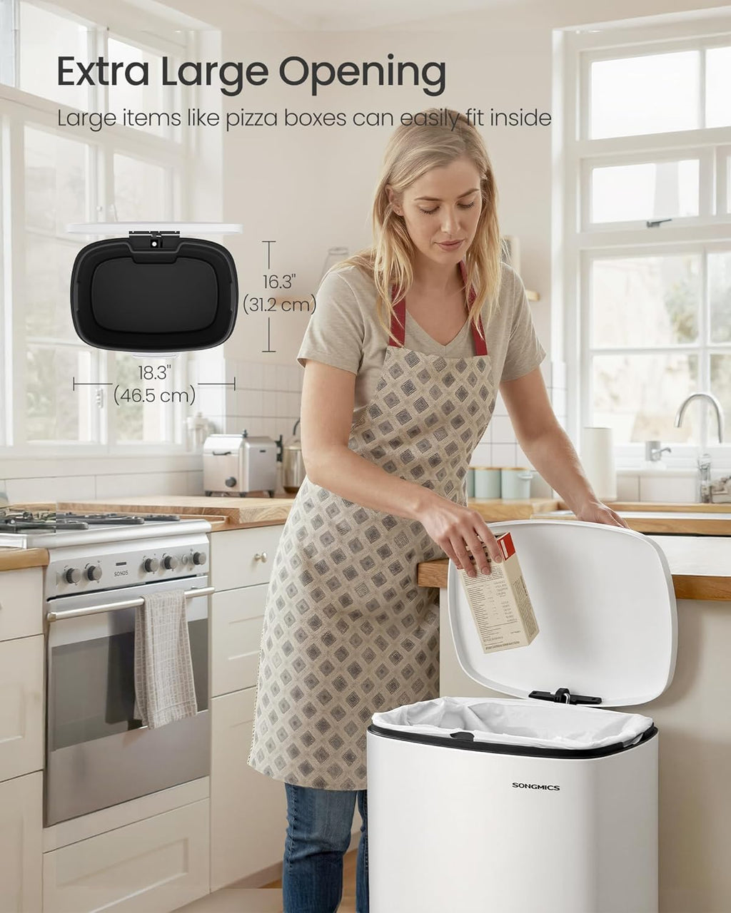 SONGMICS 20-Gallon (75 L) Trash Can, Stainless Steel Kitchen Garbage Can, Recycling or Waste Bin, Soft Close, Step-On Pedal, Removable Inner Bucket, White ULTB075WZ01