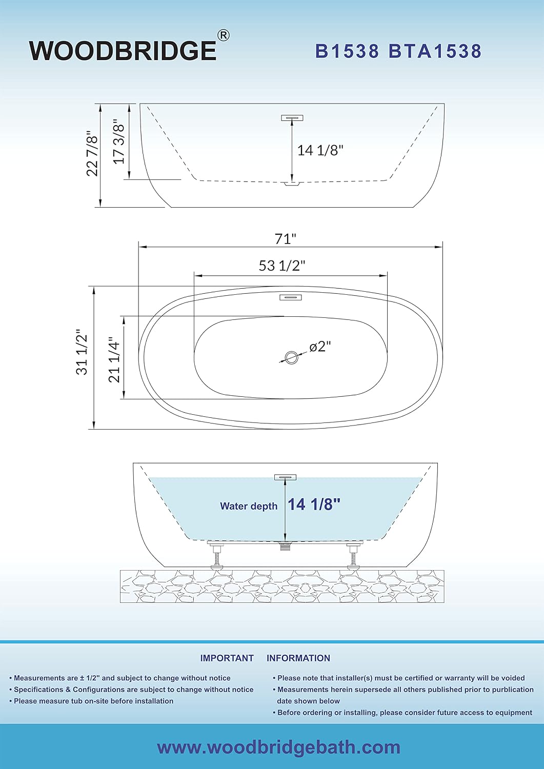 WOODBRIDGE 71' Acrylic Freestanding Bathtub Contemporary Soaking Tub, White Acrylic,Brushed Gold Drain/Overflow