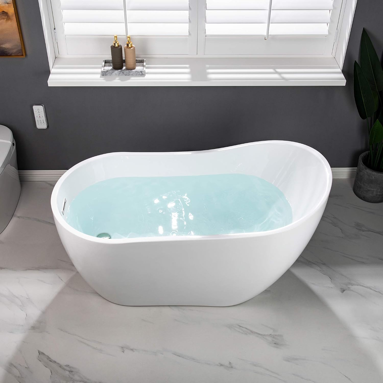 WOODBRIDGE 54' Acrylic Freestanding Bathtub Contemporary Soaking White Tub with Chrome Overflow and Drain，BTA1507 -C-Drain &O