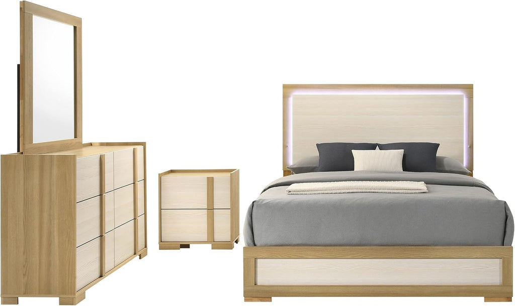 Coaster Home Furnishings Hyland Coastal 4-Piece Bedroom Set Upholstered Queen Size LED Panel Bed Frame 52-inch Headboard Natural 215651Q-S4