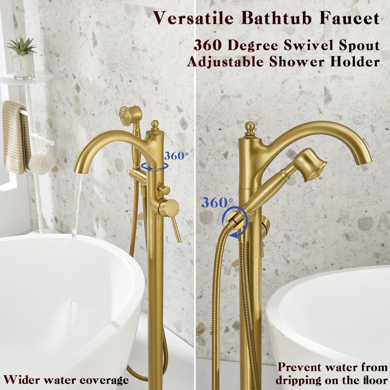 Free Standing Tub Faucet, Brushed Gold Classic Freestanding Bathtub Faucet with Vintage Hand Shower Brass High Flow Rate Floor Mount Tub Filler Swivel Spout Roman Tub Faucet Set (WT-9002BG)