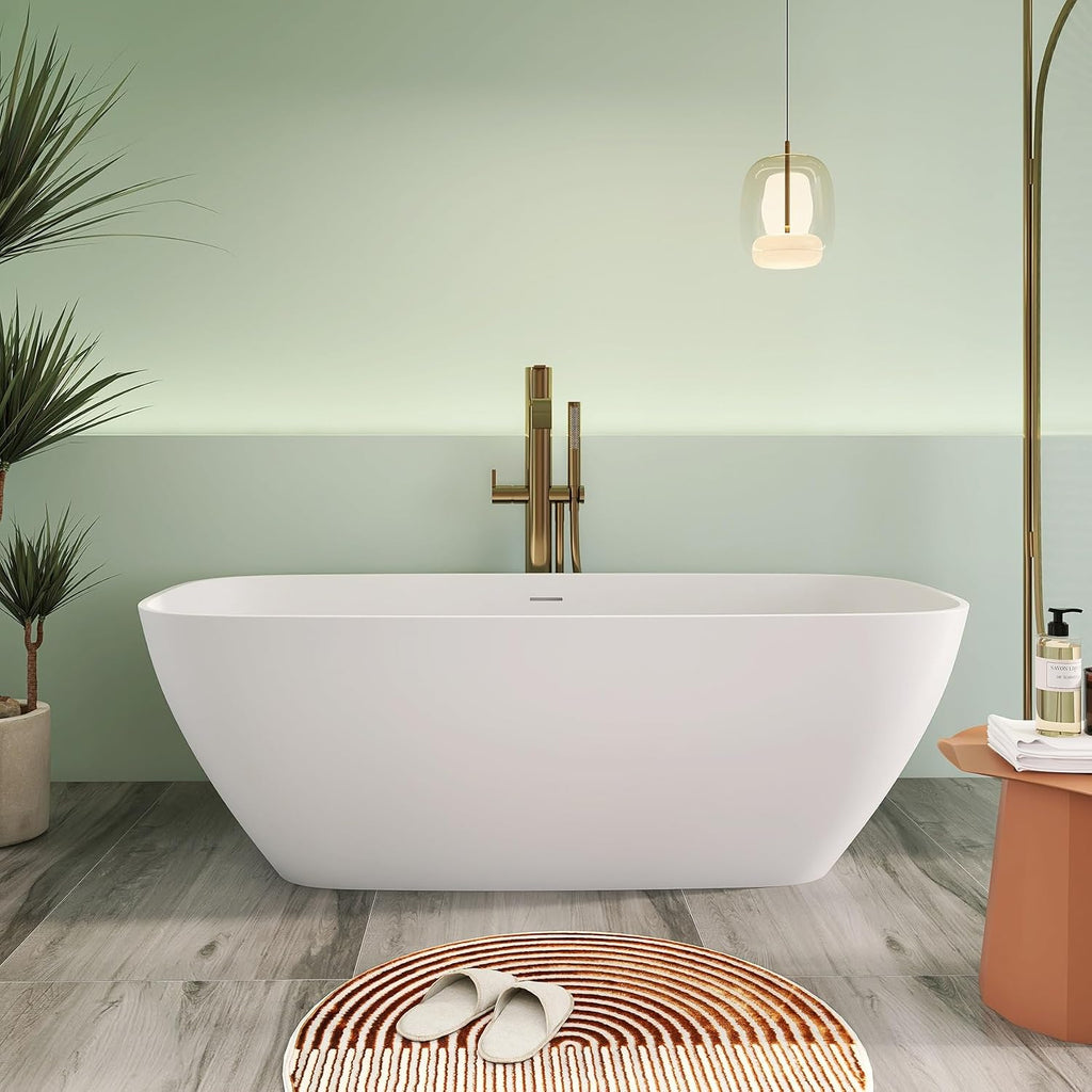67' Premium Solid Surface Freestanding Bathtub, Upgraded Modern Design Stand Alone Tub with Overflow and Pop-up Drain, Matte White
