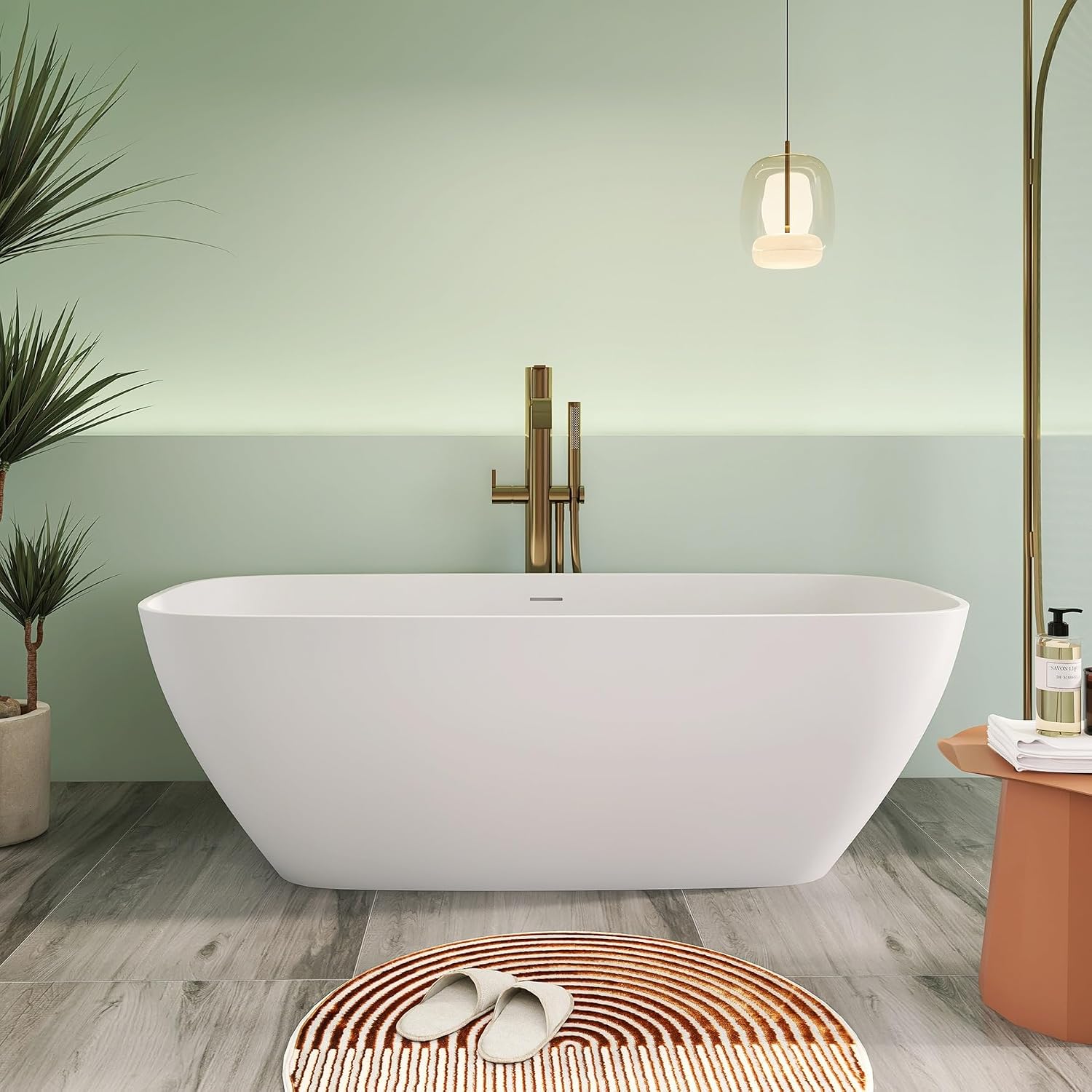 67' Premium Solid Surface Freestanding Bathtub, Upgraded Modern Design Stand Alone Tub with Overflow and Pop-up Drain, Matte White