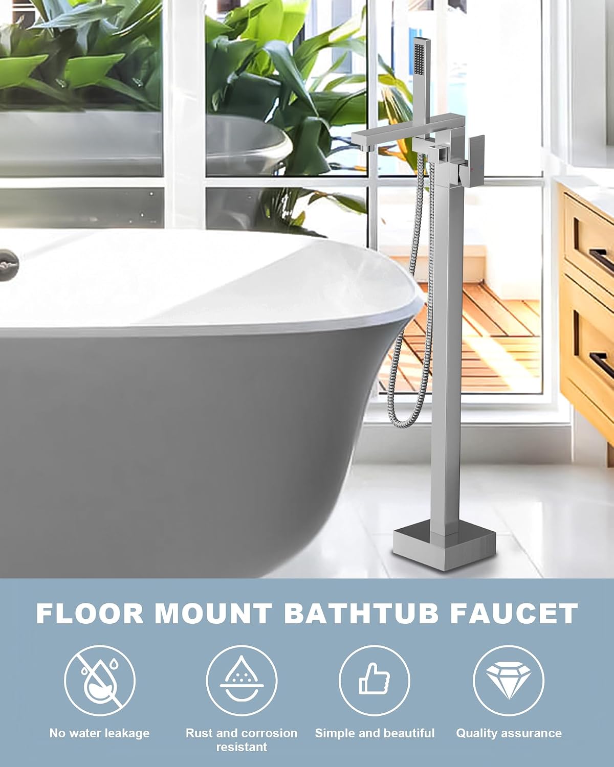 Free Standing Tub Faucet Brushed Nickel,Freestanding Bathtub Faucet For Luxury Bathtub,High Flow Tub Filler,Swivel Spout Brass Construction with Handheld Shower