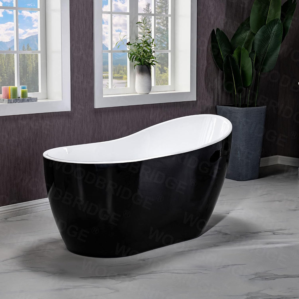 WOODBRIDGE 54' Acrylic Freestanding Bathtub Contemporary Soaking Black Tub with Matte Black Overflow and Drain，BTA1807-MB