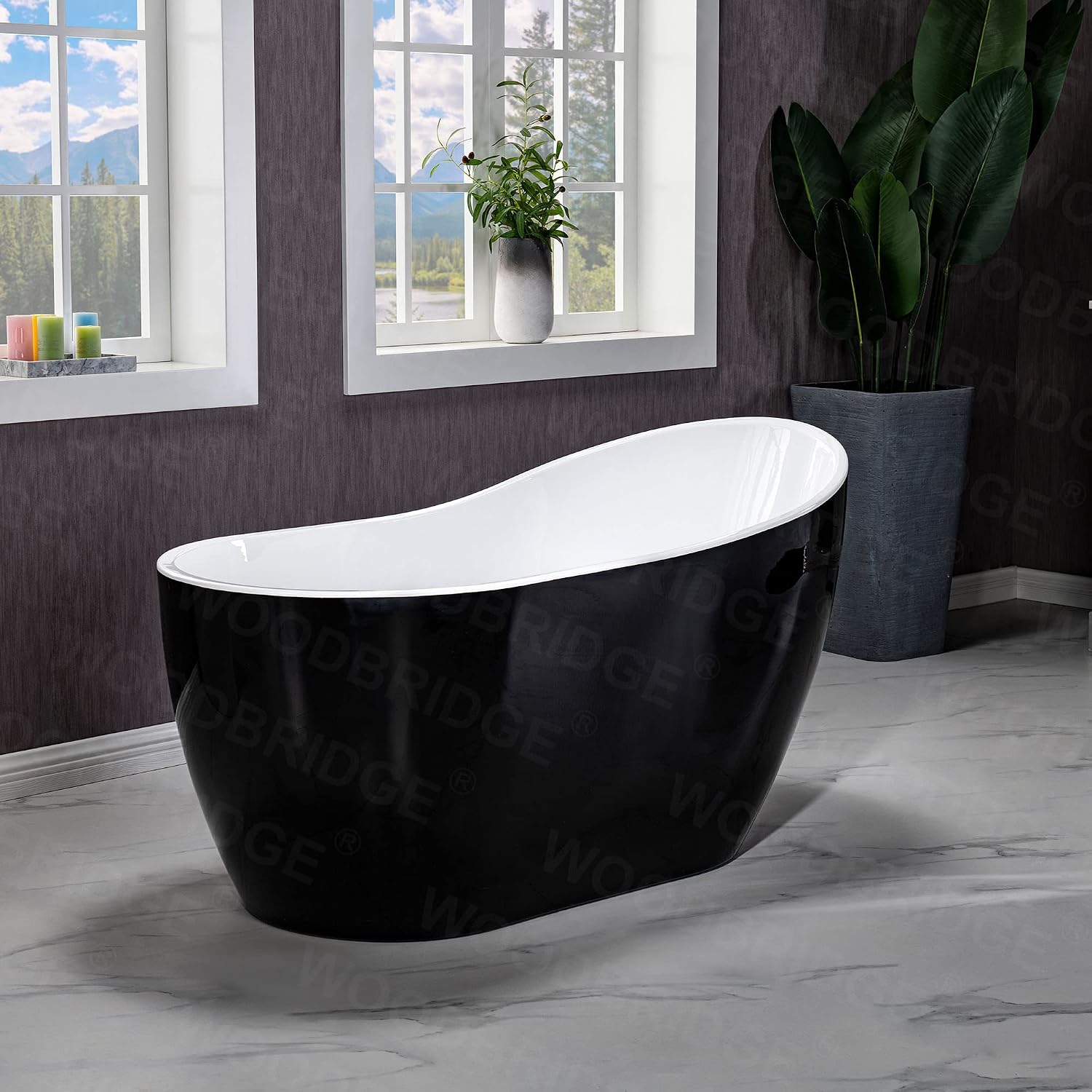 WOODBRIDGE 54' Acrylic Freestanding Bathtub Contemporary Soaking Black Tub with Matte Black Overflow and Drain，BTA1807-MB