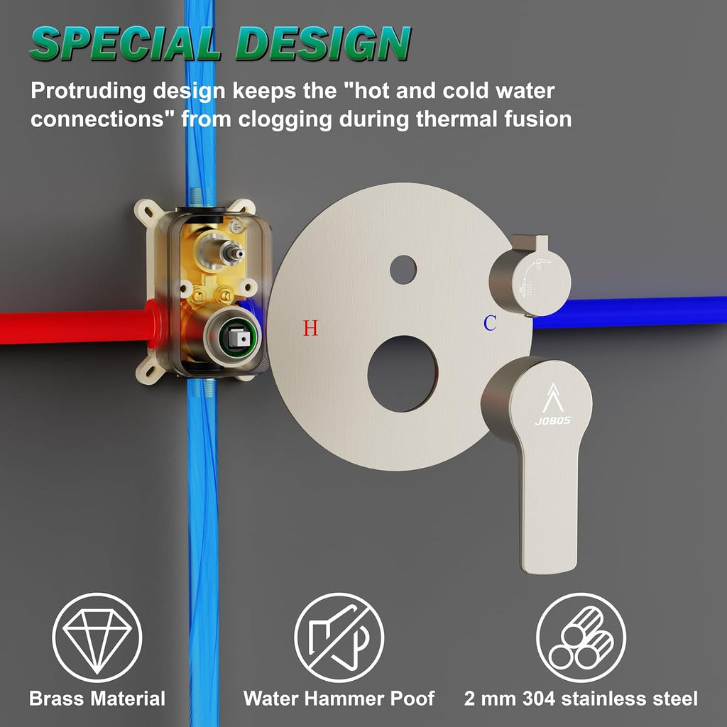 Shower Faucet Set 8IN Brass Rough-In Valve Body Trim Kit Rainfall Included Handle Accessories Complete 2 Functions with Rain Head and Handheld Bathroom Systems (8'', Brushed Nickel)