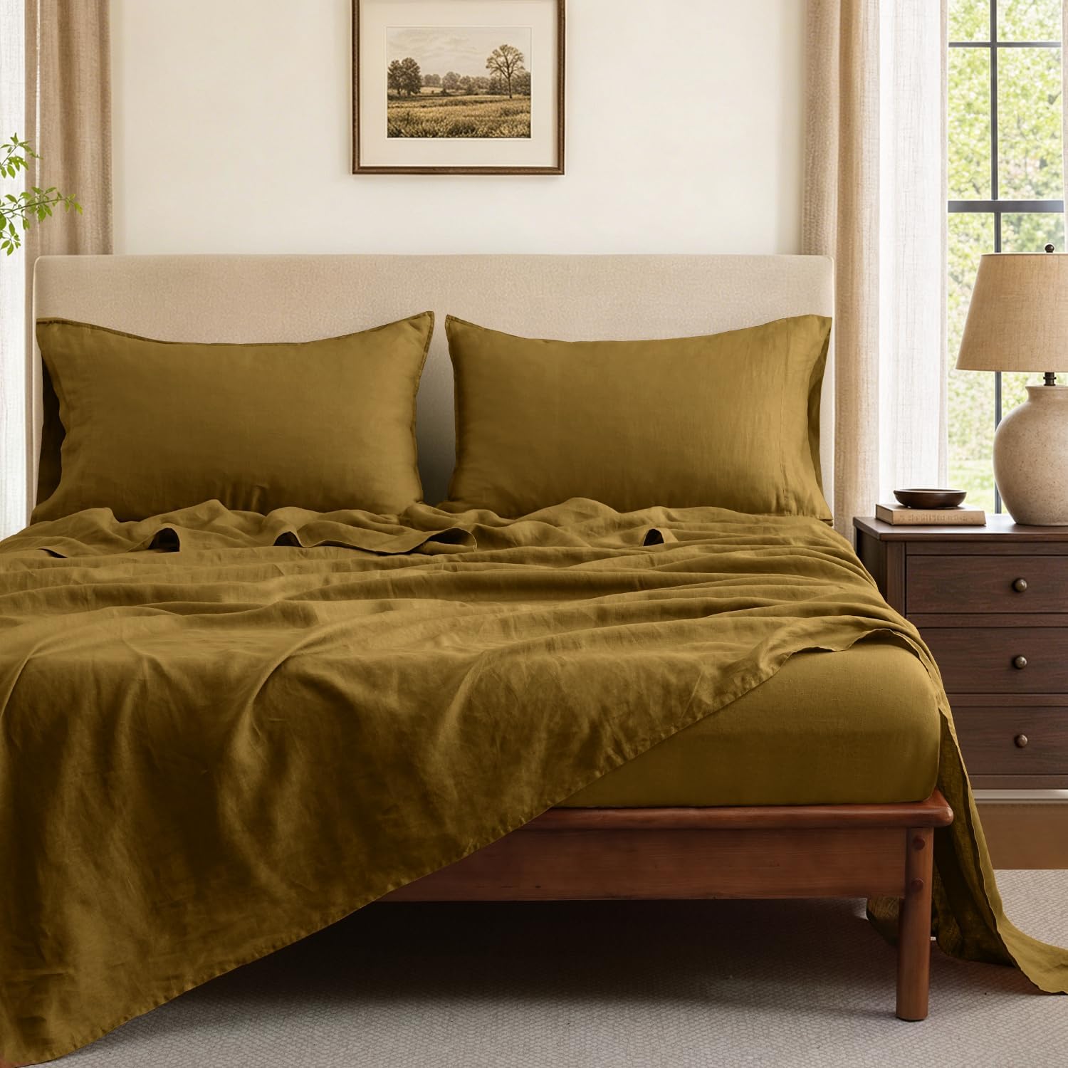 S VICTORY SYMBOL 100% French Linen Sheets Set-Queen Size,Stone Washed Natural Flax 4Pcs(2 Pillowcases,1 Fitted Sheet,1 Flat Sheet) Ultra Soft Breathable Bedding Set,Ecru Olive