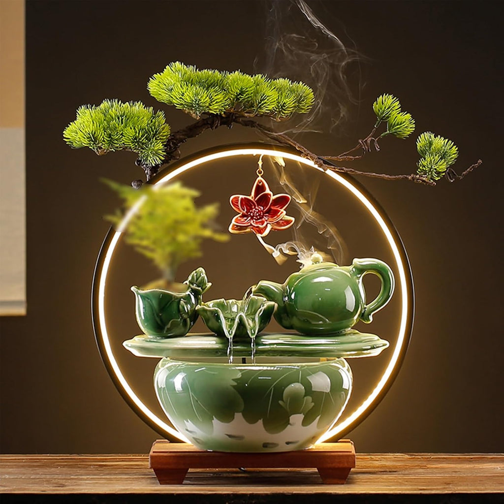 Tabletop Fountain with Light Waterfall Fountain with Backflow Incense Burner Desktop Zen Water Fountain Ceramic Fish Tank Indoor Water Fountain for Home Office Without Plants.(Style6)