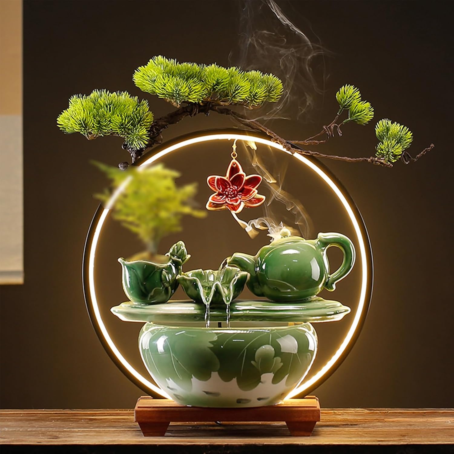 Tabletop Fountain with Light Waterfall Fountain with Backflow Incense Burner Desktop Zen Water Fountain Ceramic Fish Tank Indoor Water Fountain for Home Office Without Plants.(Style6)