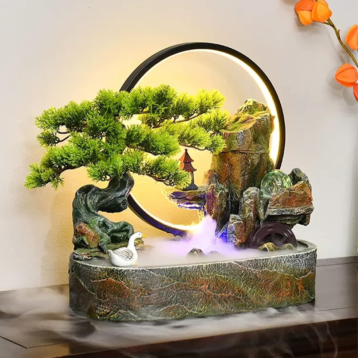 Indoor Tabletop Waterfall Fountain Tabletop Water Fountain Artificial Bonsai Tree Design Indoor Resin Waterfalls Fountains Decorative Tabletop Fountain with LED Light Best Home Gifts for Parents or Fr