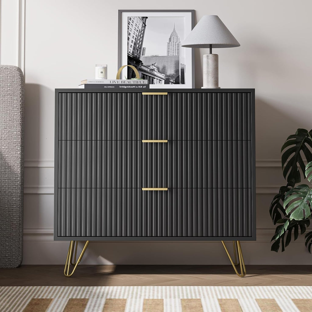 MAISONARIA 3-Piece Dresser Bedroom Set, 6 Drawer Dresser & 3 Drawer Nightstands with Gold Handles, Fluted Wood Chest of Drawers for Bedroom, Living Room, Entryway, Black
