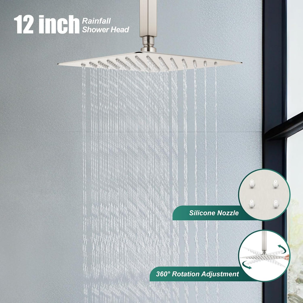Heyalan Shower System Brushed Nickel Ceiling Mount 12 Inch Square Rain Shower Head 2 in 1 Handheld Shower Sprayer Rough in Valve Bathroom Rainfall Showerhead Combo Set