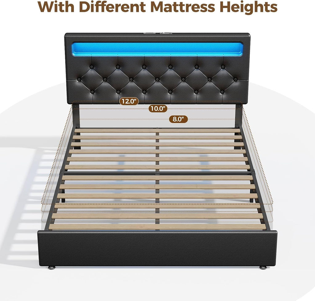 Rolanstar Queen Size Bed Frame with Charging Station, LED Bed with Under Bed Storage, Adjustable Headboard 38.9/40.8 Inches, No Box Spring Needed, Noise Free, Easy Assembly, Black