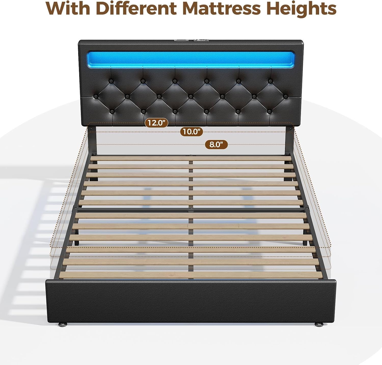 Rolanstar Queen Size Bed Frame with Charging Station, LED Bed with Under Bed Storage, Adjustable Headboard 38.9/40.8 Inches, No Box Spring Needed, Noise Free, Easy Assembly, Black