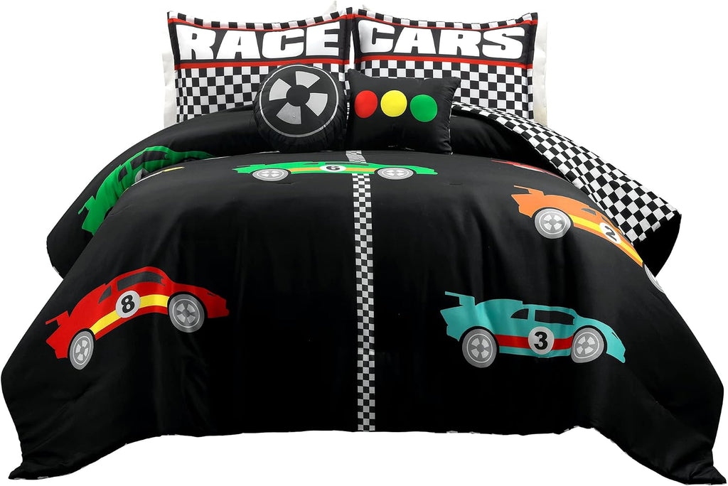 Lush Decor Racing Cars Reversible Comforter Queen Size 5 Piece Set Full/Queen Black & Multi - Kids Bedding Set Queen Comforter - Car Decor