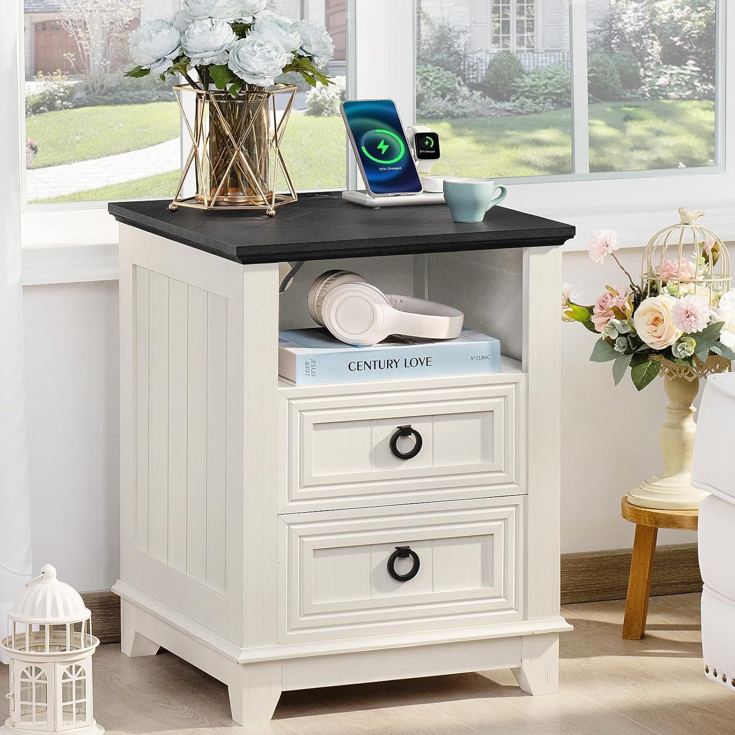 Joaxswe Farmhouse Furniture Set, Nightstands with Charging Station and 6 Drawers Dresser for Bedroom, 54 Inch Wide Wood Dresser and 18' Night Stands for Bedroom, Living Room, Hallway
