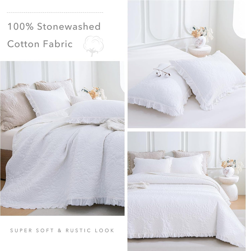 QSH Bright White Stonewashed Cotton Oversized King Quilt Bedspread Set(120'x120'),3PCs Shabby Ruffled Quilt California King,Ultra Soft Lightweight Crinkled Farmhouse Chic Bedspread Coverlet Bed Set