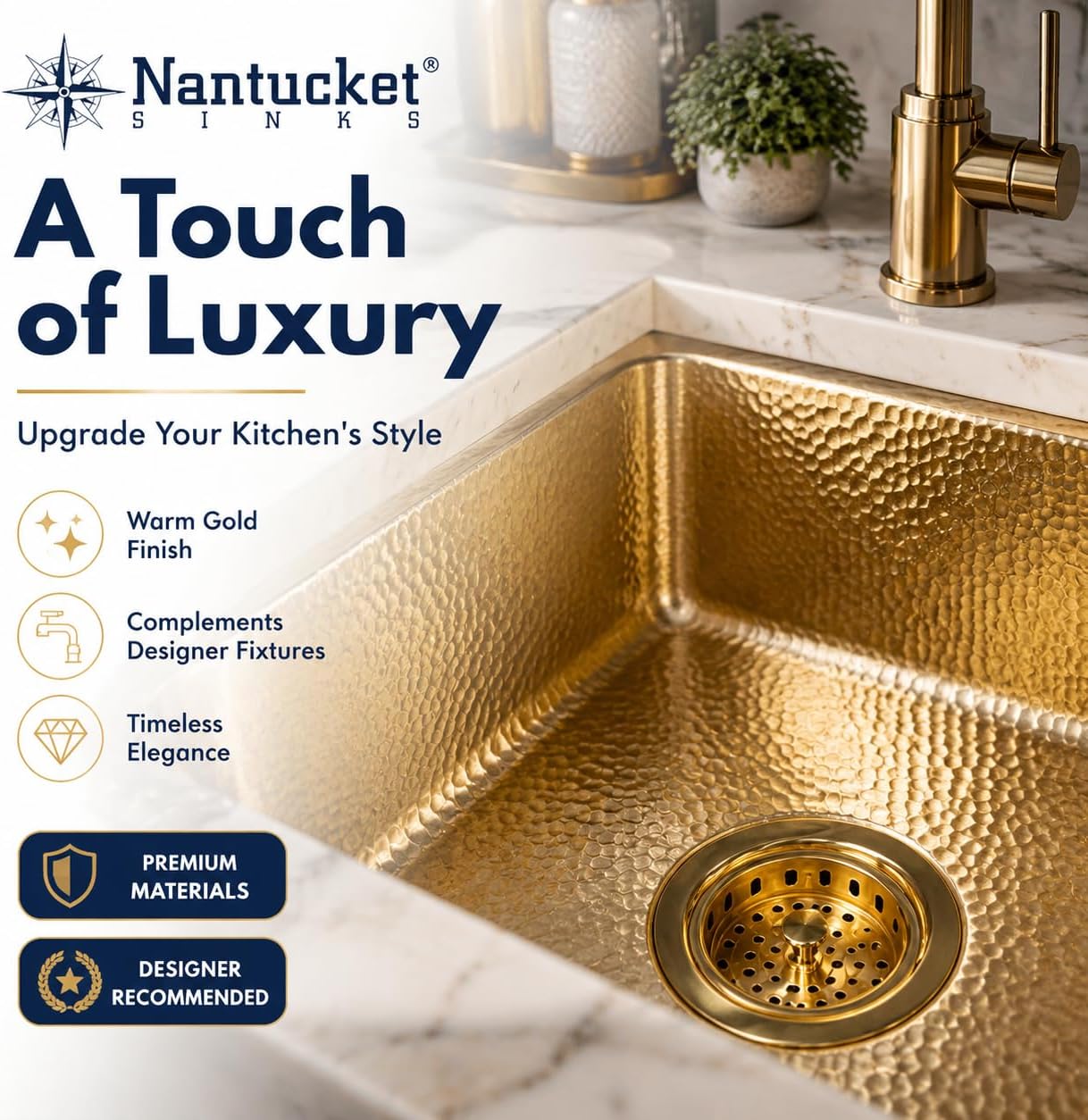 Nantucket Sinks Kitchen Sink Drain Kit – 3-1/2 Brass Sink Drain Assembly, Gold Color, Unlacquered for Patina, Solid, with Basket Strainer