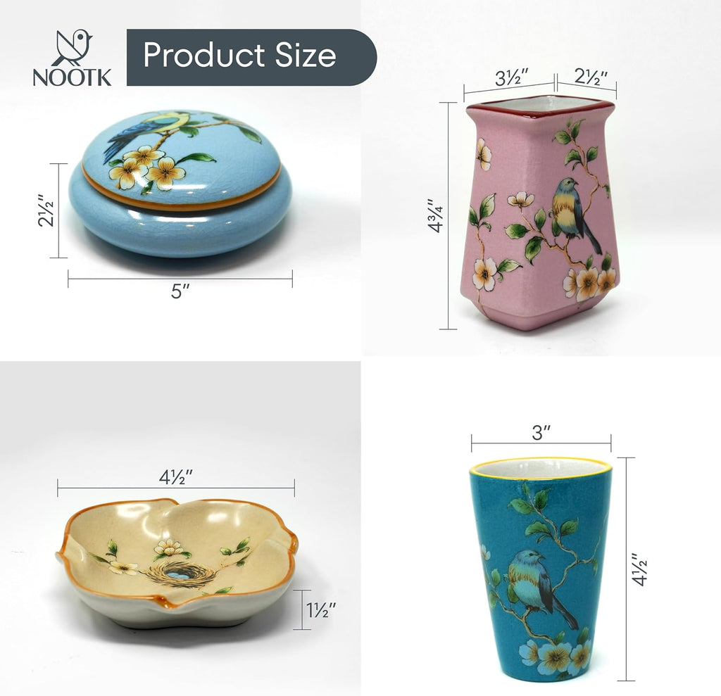 6-Piece Ceramic Bathroom Accessories Set with Small Tray, Vintage Floral Design Countertop Organizer with Soap Dispenser, Toothbrush Holder, Rinse Cup, Qtip Holder & Soap Dish, DarkBlue