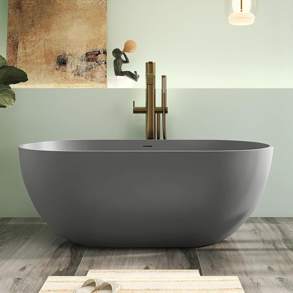 59' Premium Solid Surface Free Standing Bathtub, Oval Stone Resin Tub with Overflow and Pop-up Drain, Matte Dark Grey