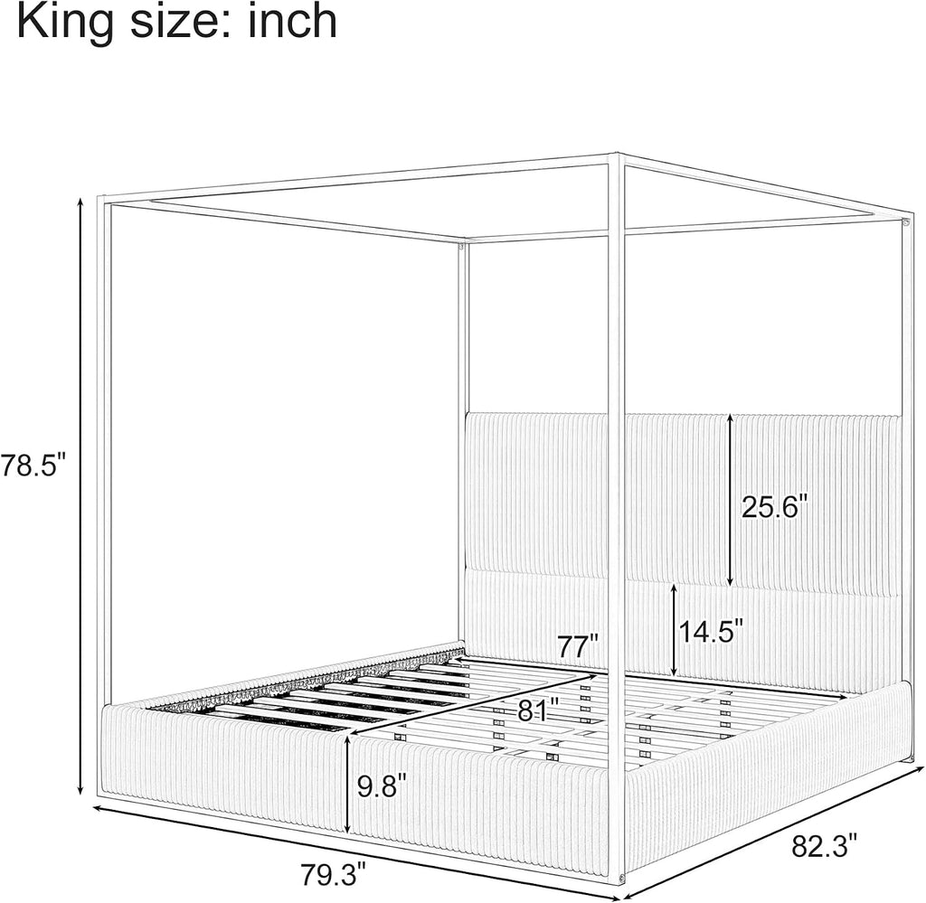 Merax Modern Luxury King Metal Canopy Bed with Tall Upholstered Headboard, Gold Four Poster Bed, No Box Spring Needed, Beige