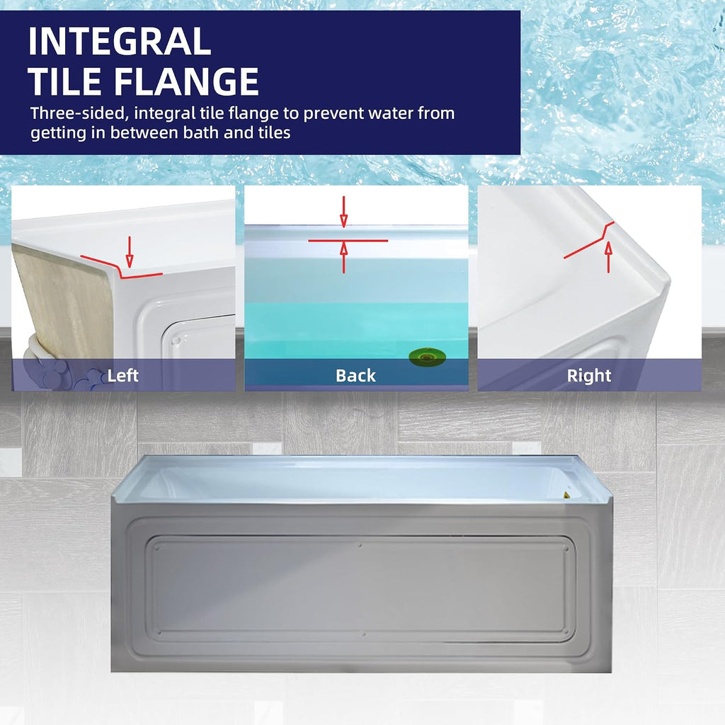 WOODBRIDGE 60' x 30' Alcove Acrylic Rectangular Whirlpool Heated Jetted Tub in White with right Drain, Brushed Gold Finish Trim and Drain Kit Included, BS666-R-BG03