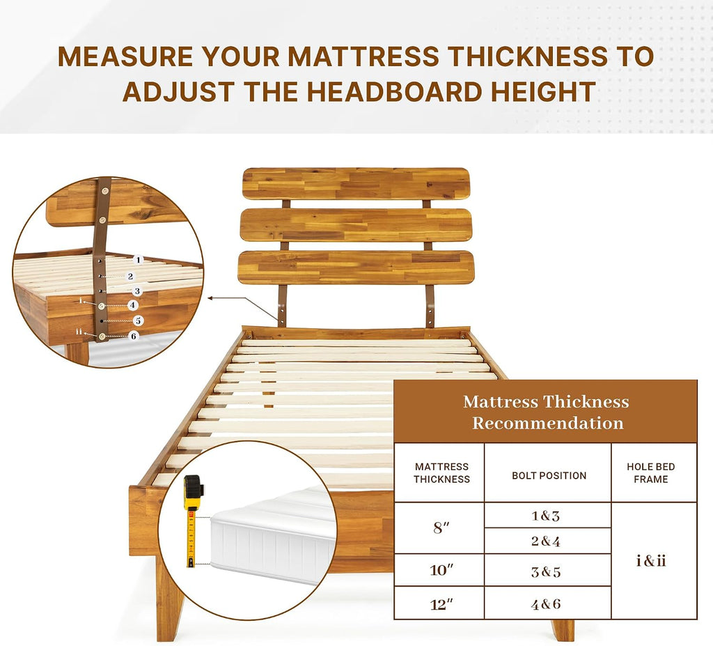 Bme Caden 15 Inch Bed Frame with Adjustable Headboard - Mid Century, Retro Style with Acacia Wood - No Box Spring Needed - 12 Strong Wood Slat Support - Easy Assembly - Caramel, Twin