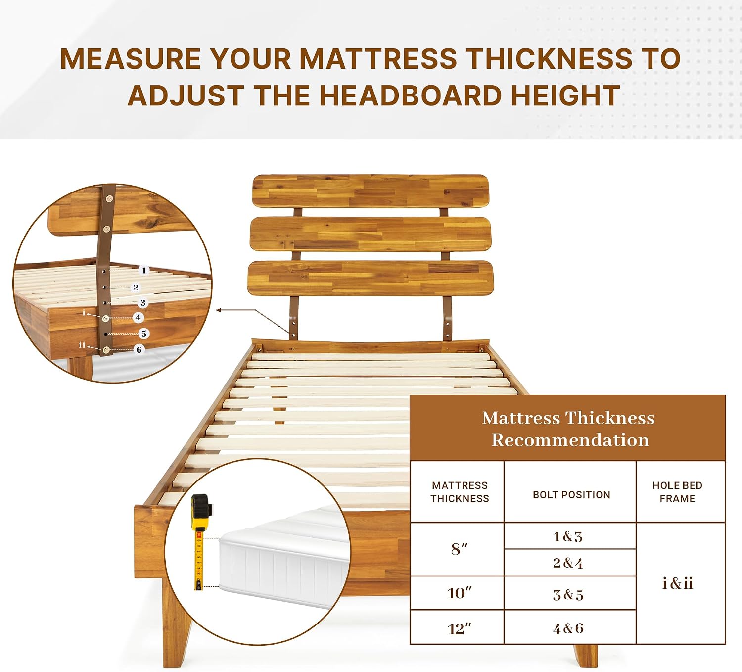 Bme Caden 15 Inch Bed Frame with Adjustable Headboard - Mid Century, Retro Style with Acacia Wood - No Box Spring Needed - 12 Strong Wood Slat Support - Easy Assembly - Caramel, Twin