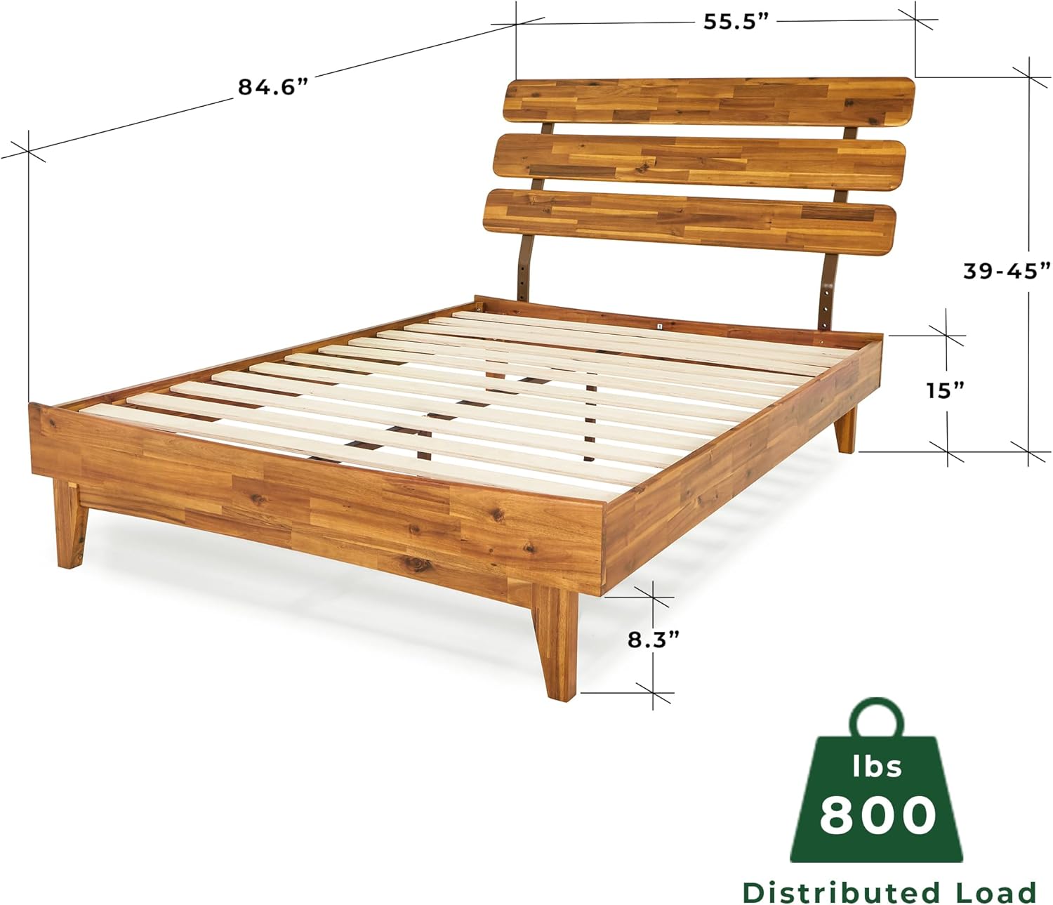 Bme Caden 15 Inch Deluxe Bed Frame with Adjustable Headboard - Mid Century, Retro Style with Acacia Wood - No Box Spring Needed - 12 Strong Wood Slat Support - Easy Assembly - Caramel, Full