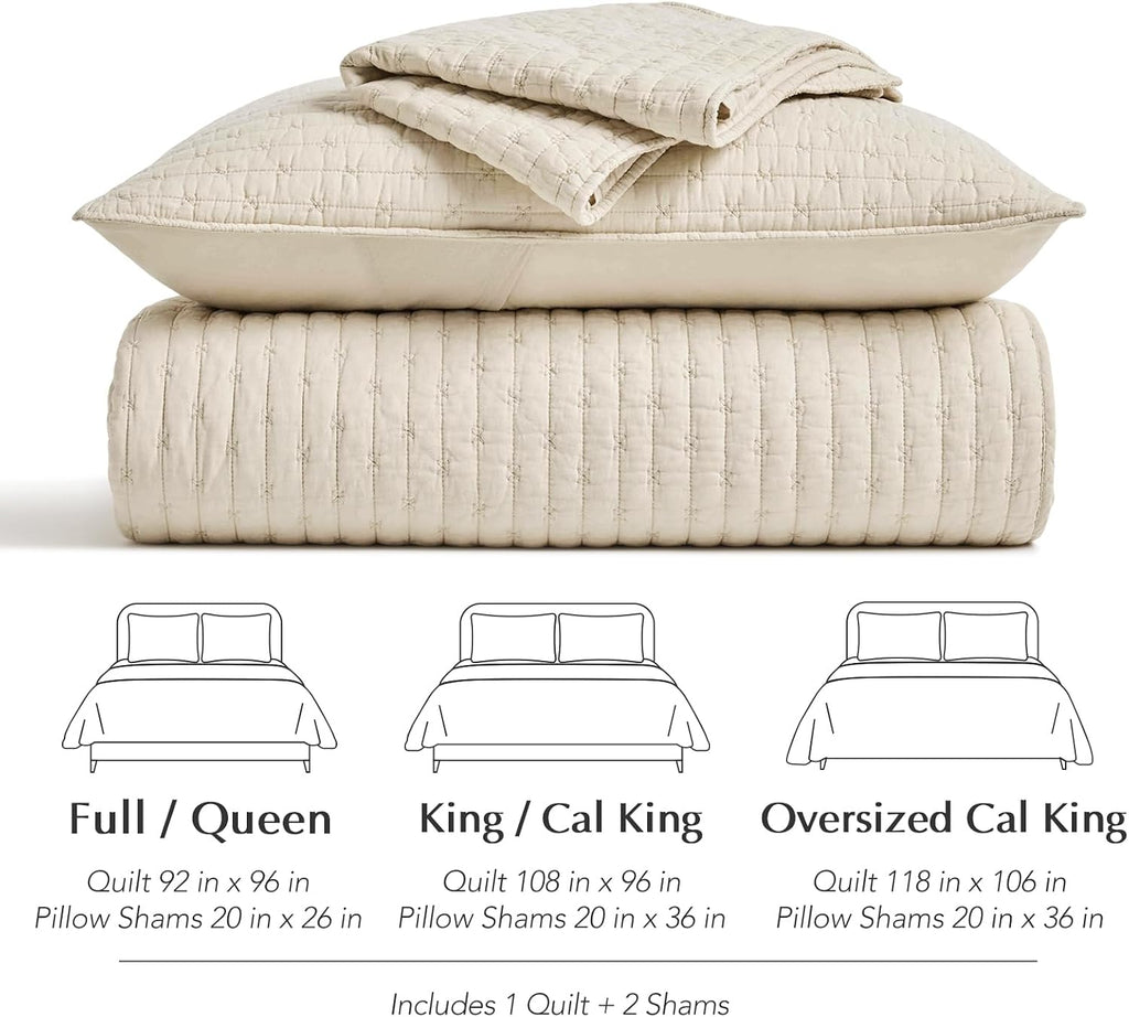 EVERGRACEHOME Cross Stitch Pre-Washed Cotton Quilt Bedding Set King Size, Oversized 3 Pieces Lightweight Bedspread Coverlet for All Season, with 2 Matching Shams, Flax Beige,118'x106' | Cross Stitch
