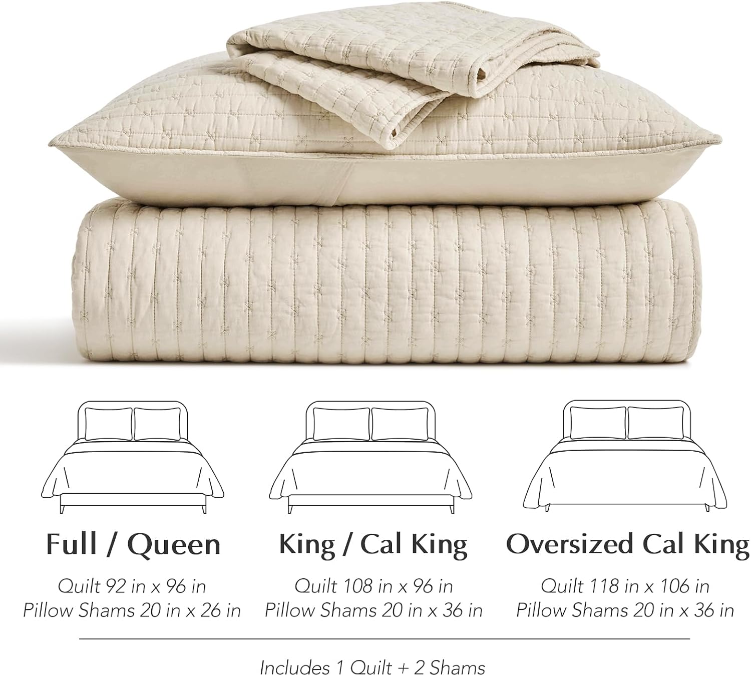 EVERGRACEHOME Cross Stitch Pre-Washed Cotton Quilt Bedding Set King Size, Oversized 3 Pieces Lightweight Bedspread Coverlet for All Season, with 2 Matching Shams, Flax Beige,118'x106' | Cross Stitch