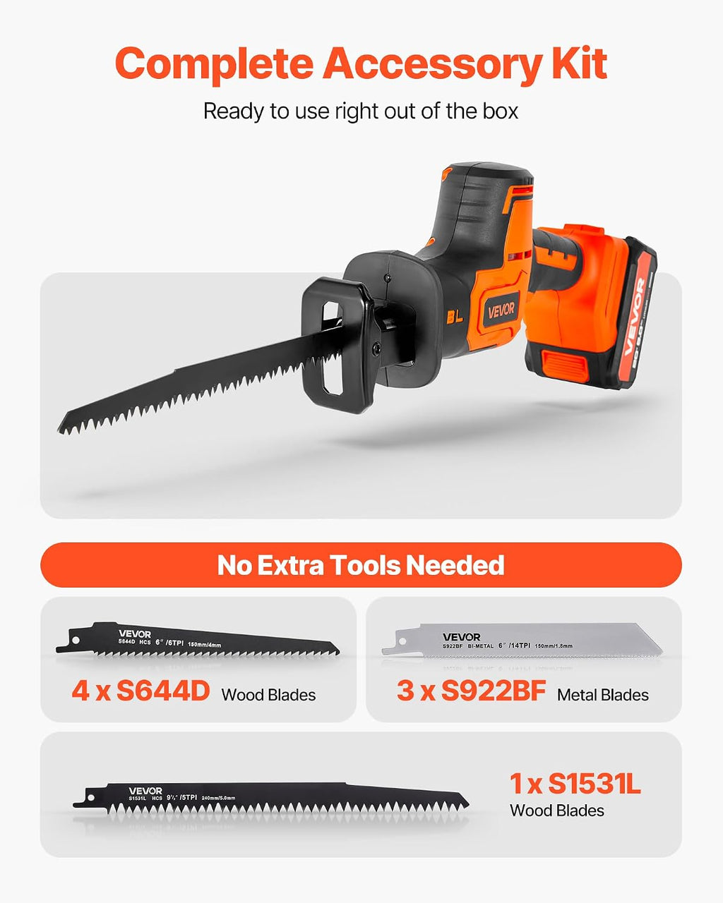 VEVOR Cordless Reciprocating Saw, 20V Brushless Reciprocating Saw with Battery, 3000 SPM Variable Speed, 1' Stroke Length Charger, 8 Blades, and Carrying Bag, for Wood, Metal and Plastic Cutting