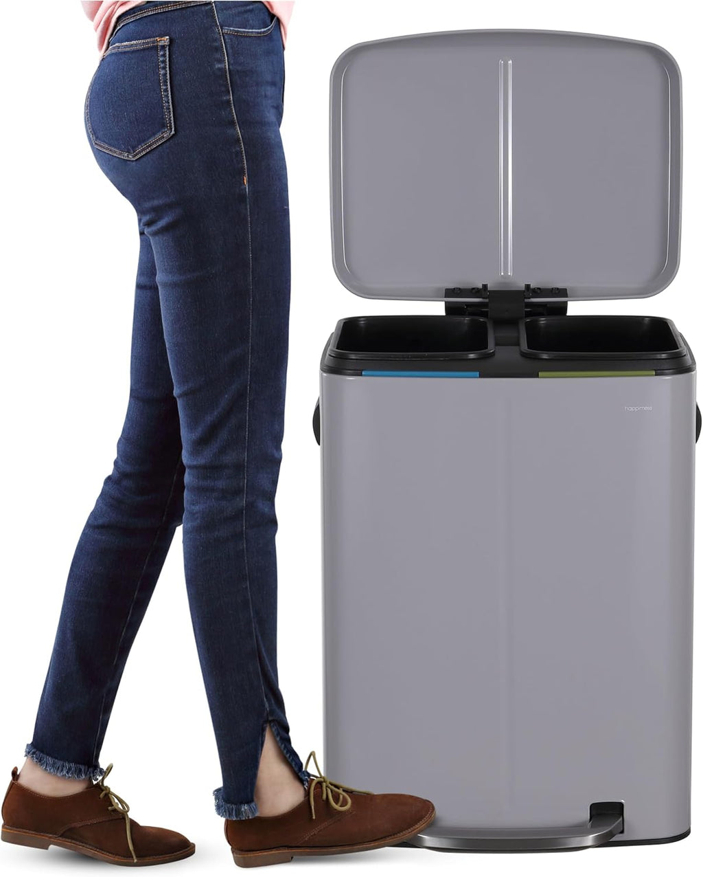 happimess HPM1005I Marco Rectangular 10.6-Gallon Double Bucket Trash Can with Soft-Close Lid, Fog Gray, Fingerprint Resistant, Modern, Minimalistic for Home, Kitchen, Office, Bedroom, Bathroom