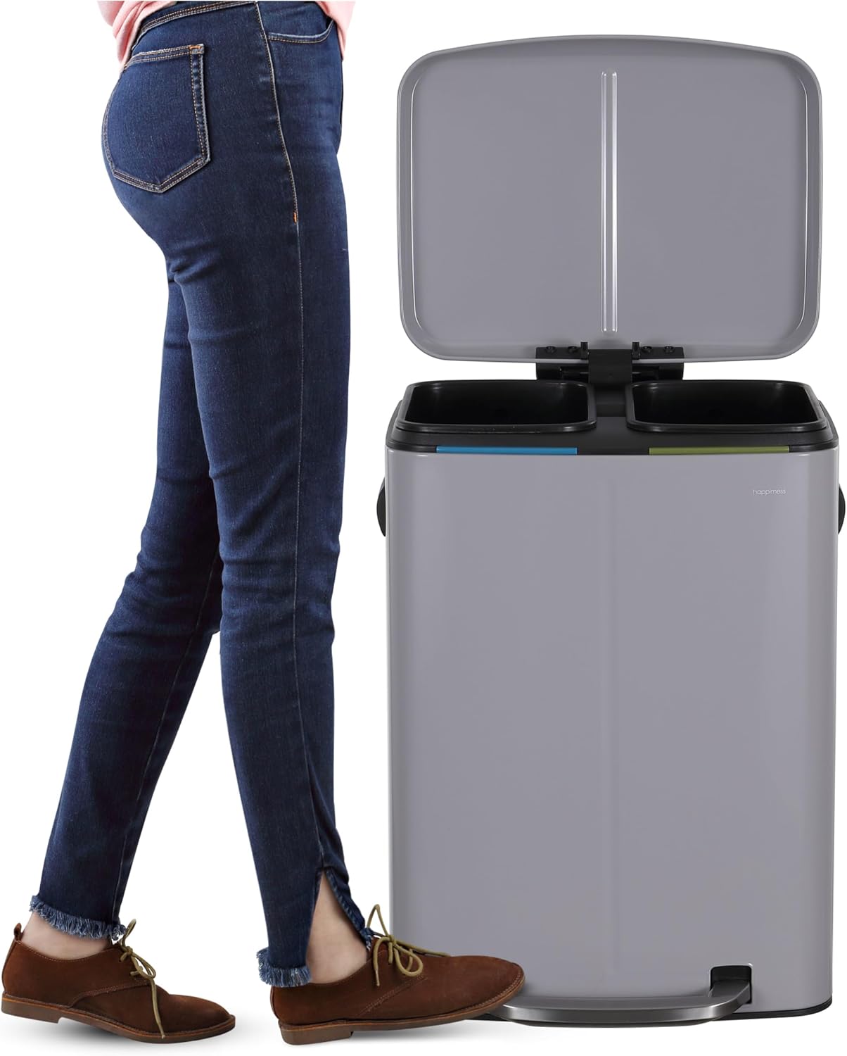 happimess HPM1005I Marco Rectangular 10.6-Gallon Double Bucket Trash Can with Soft-Close Lid, Fog Gray, Fingerprint Resistant, Modern, Minimalistic for Home, Kitchen, Office, Bedroom, Bathroom