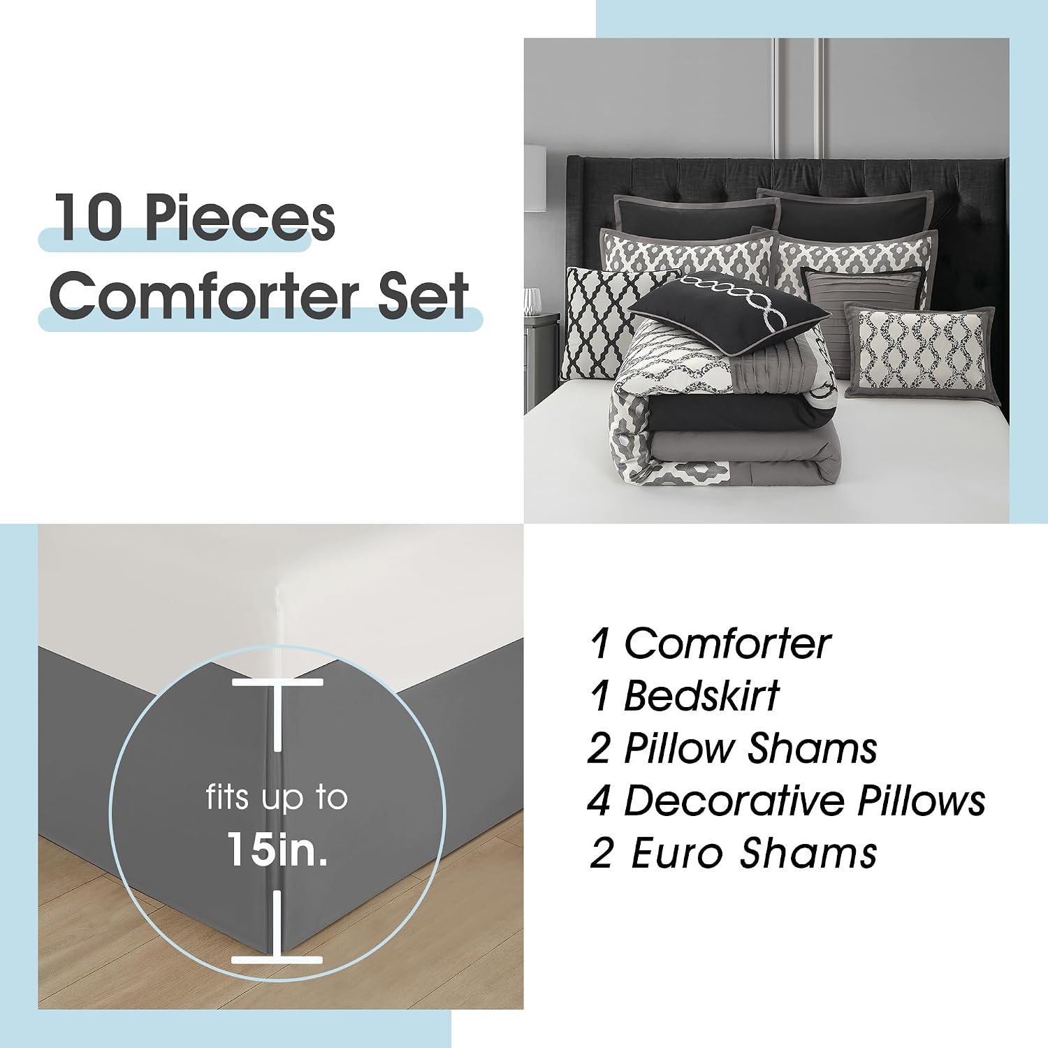 LANCO MODERN LIFESTYLE Queen Comforter Set, Black, 10 Piece Bed in a Bag for All Seasons, Luxury Extreme Comfort Bedding Sets with Bedskirt, Pillow Shams, Euro Shams and Decor Pillows