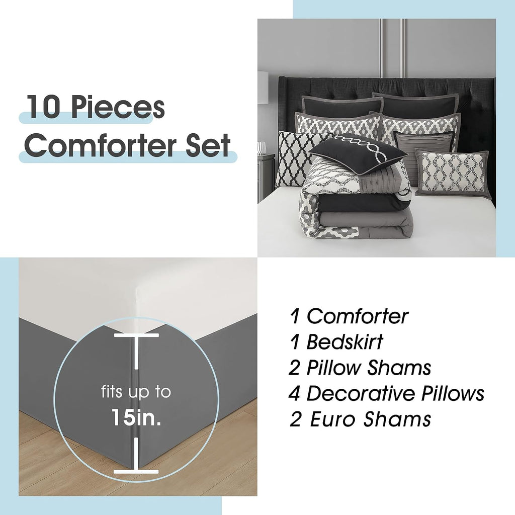 LANCO MODERN LIFESTYLE California King Comforter Set, Black, 10 Piece Bed in a Bag for All Seasons, Luxury Extreme Comfort Bedding Sets with Bedskirt, Pillow Shams, Euro Shams and Decor Pillows