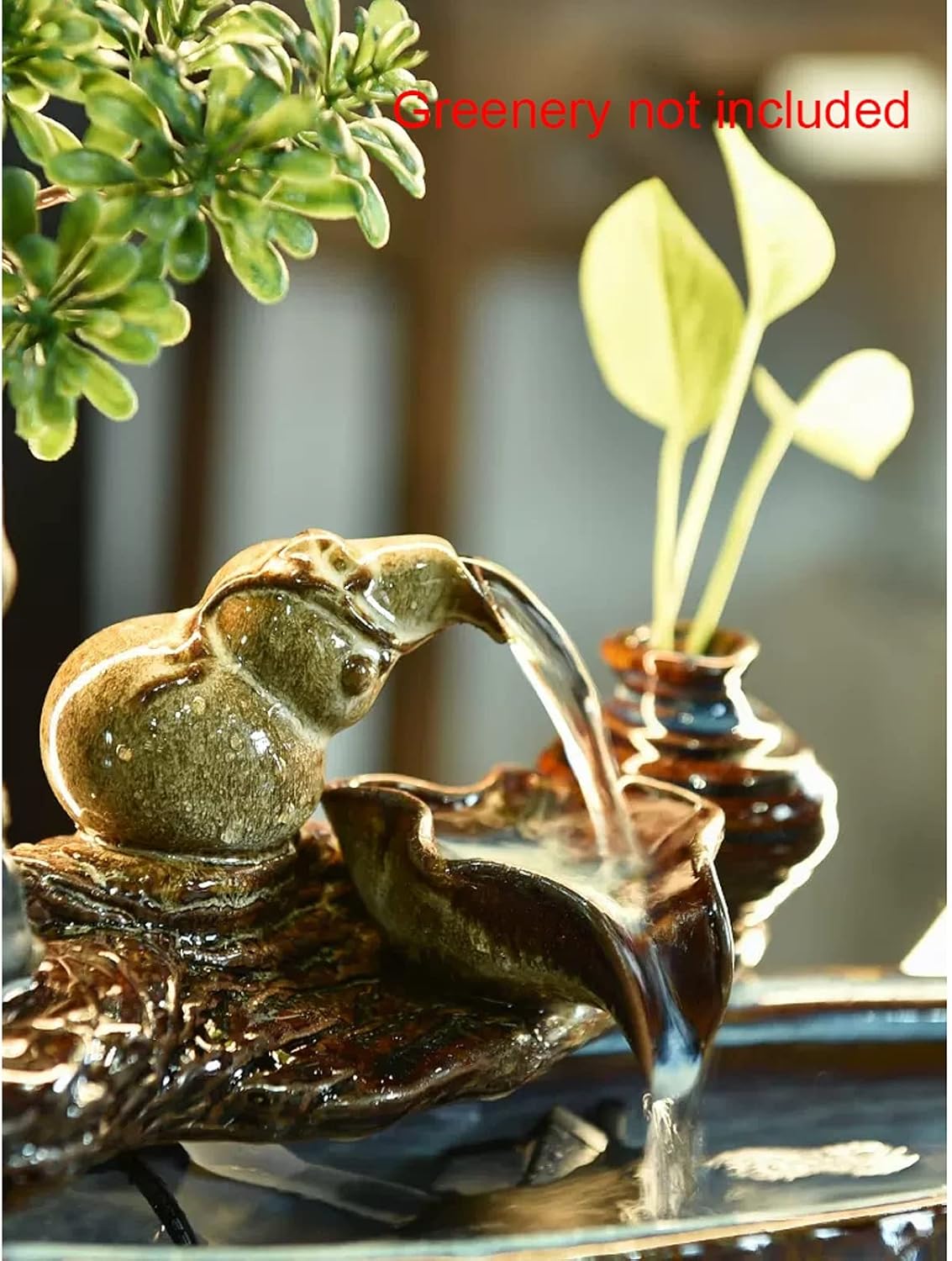HIHELO Tabletop Fountain Indoor Relax Tabletop Fountain Waterfall Ceramic Tabletop Fountain with Black Metal Base and LED Lights Indoor Zen Tabletop Water Feature Indoor Fountain