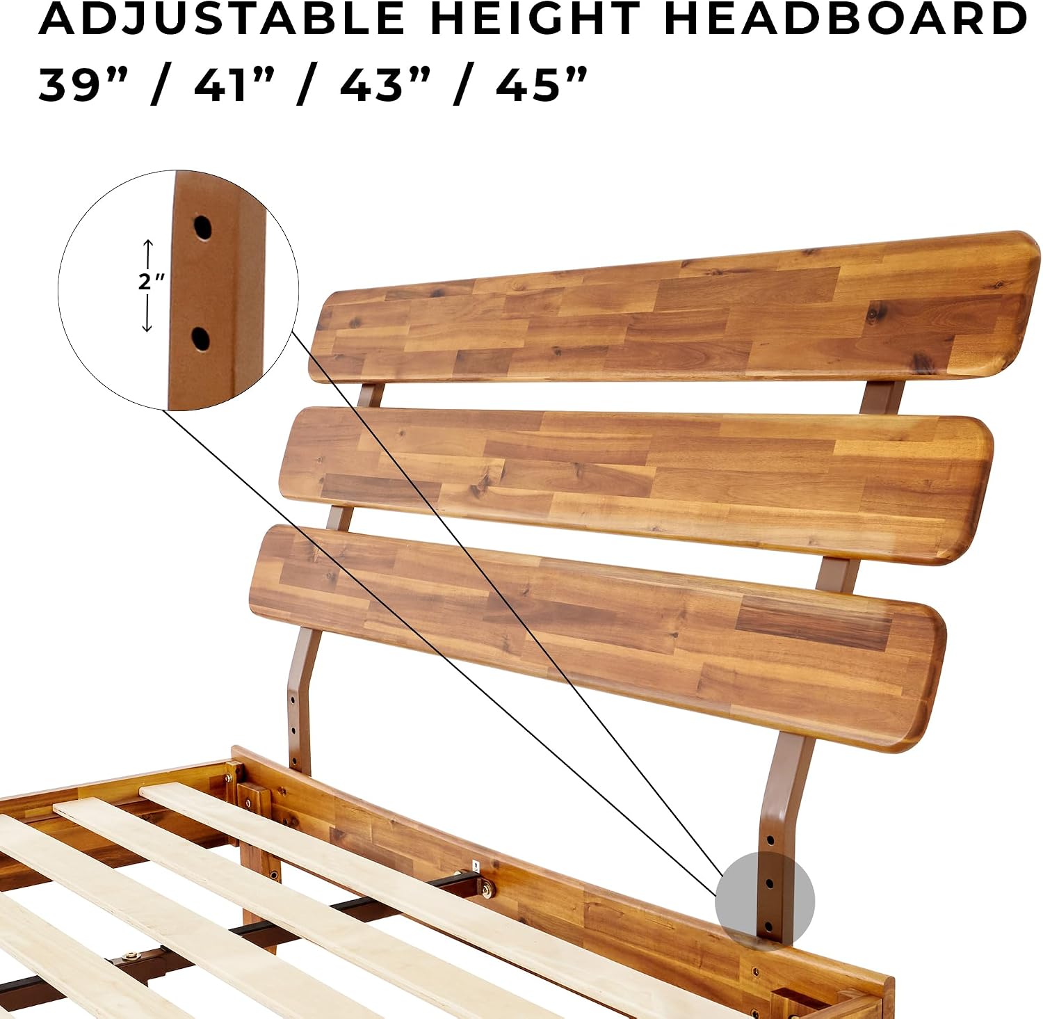 Bme Caden 15 Inch Deluxe Bed Frame with Adjustable Headboard - Mid Century, Retro Style with Acacia Wood - No Box Spring Needed - 12 Strong Wood Slat Support - Easy Assembly - Caramel, Full