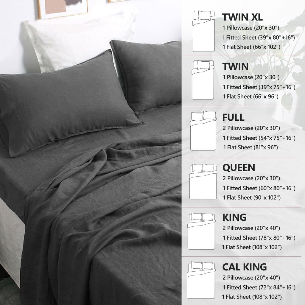 S VICTORY SYMBOL 100% Organic Linen Sheets Set Queen 4Pcs,Stone Washed French Flax Linen Bed Sheets(1 Flat Sheet,1 Fitted Sheet,2 Pillowcase) GOTS Certified,Farmhouse Bedding-Dark Grey