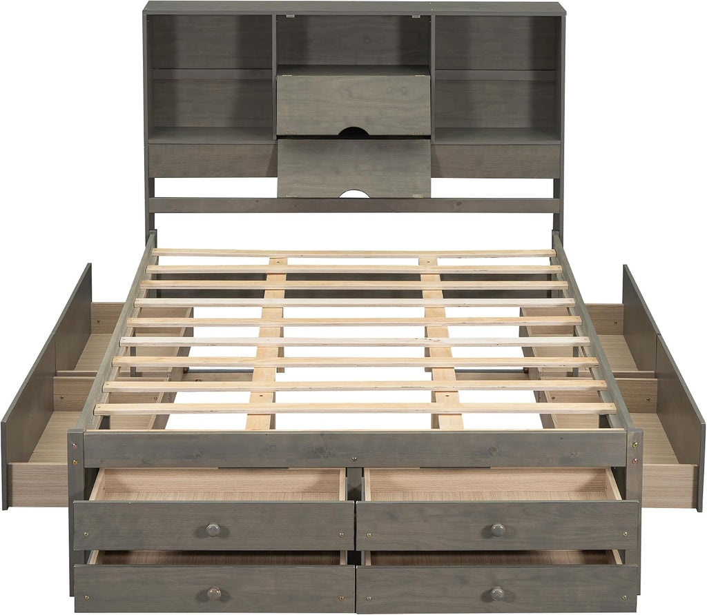 King Size Platform Bed with Storage Headboard, Solid Wood Platform Bed Captain's Bed Frame with 8 Drawers, Sturdy Slats Support, Maximize Space (Grey-8R, King)