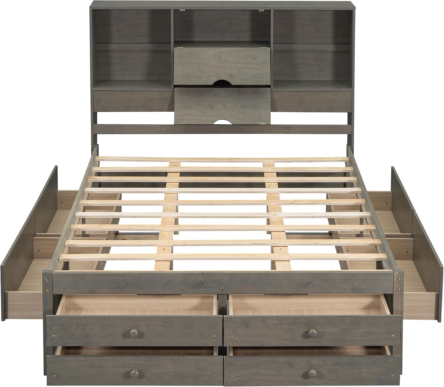 King Size Platform Bed with Storage Headboard, Solid Wood Platform Bed Captain's Bed Frame with 8 Drawers, Sturdy Slats Support, Maximize Space (Grey-8R, King)