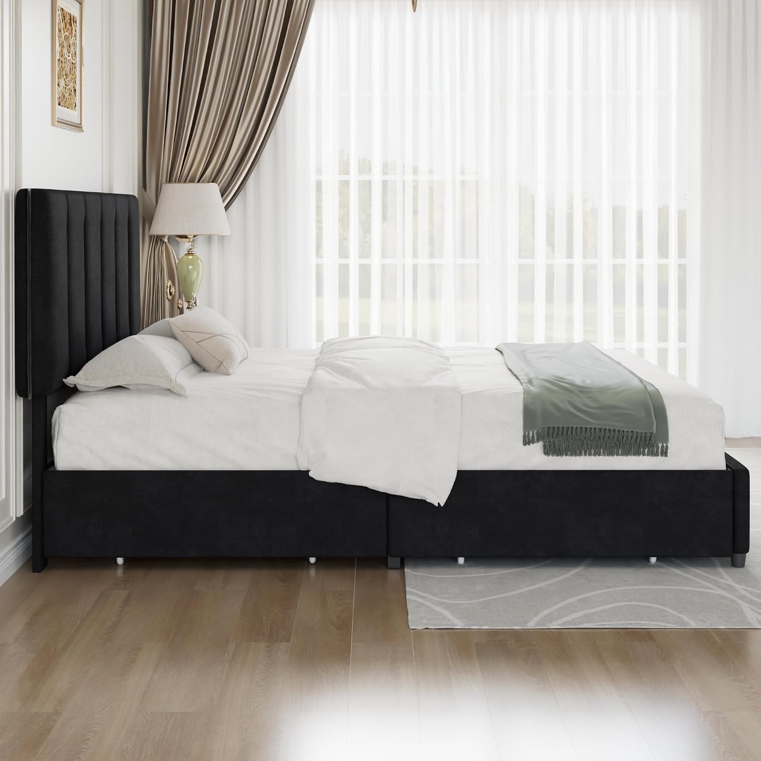VECELO Queen Size Bed Frame with 4 Storage Drawers, Adjustable Height Headboard, Heavy-Duty Platform Bedframe with Strong Wooden Slats, No Box Spring Needed, Black