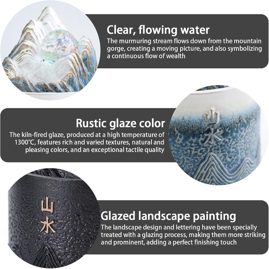Tabletop Water Fountain, Crystal Ball with LED Lights, Ceramic Zen Desktop, Relaxation Decor for Home Office Living Room(Blue White)
