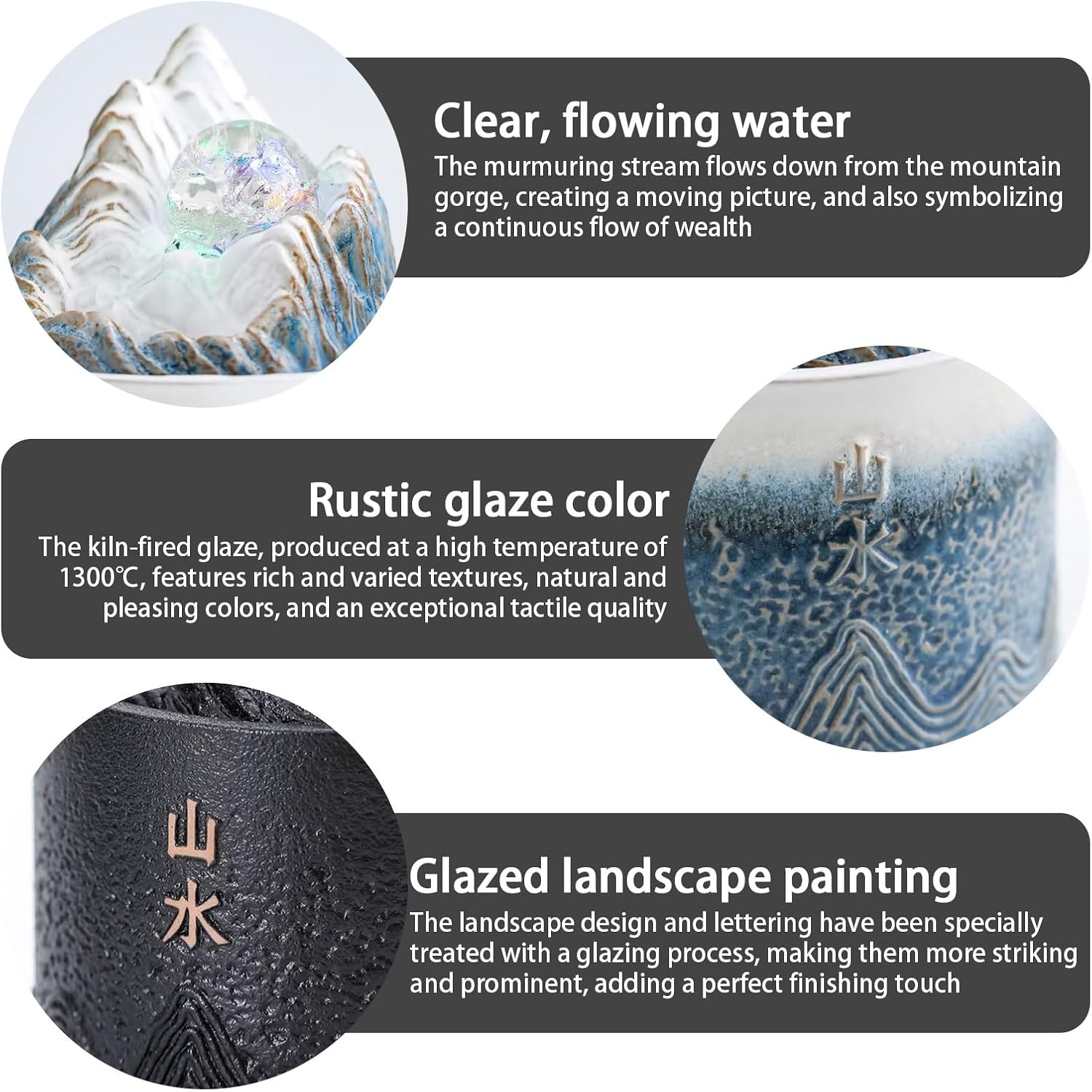 Tabletop Water Fountain, Crystal Ball with LED Lights, Ceramic Zen Desktop, Relaxation Decor for Home Office Living Room(Blue White)
