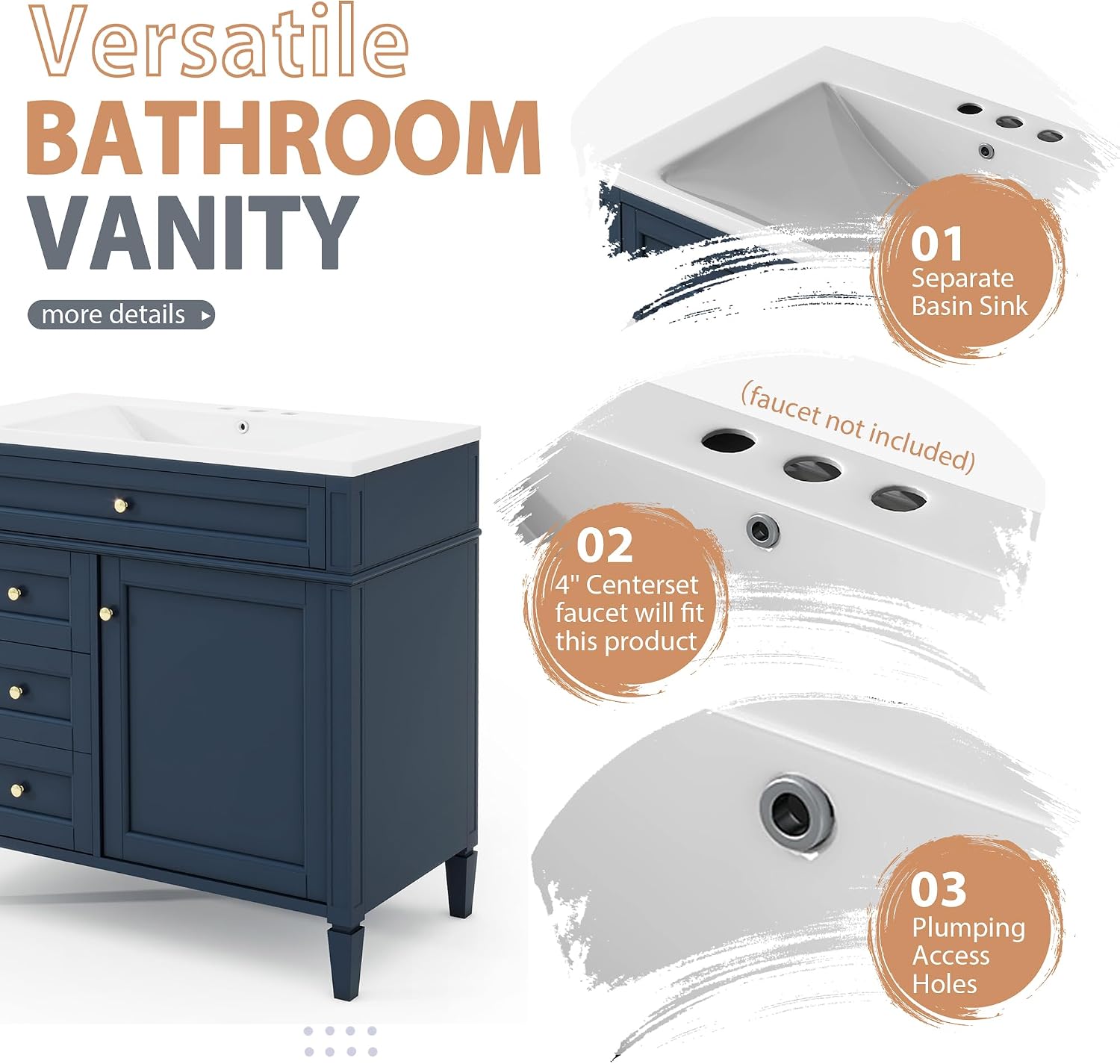 Merax 36'' Bathroom Vanity with Medicine Cabinet, Royal Blue Mirror Cabinet, Modern Bathroom Storage Cabinet with 2 Soft Closing Doors and 4 Drawers, Blue