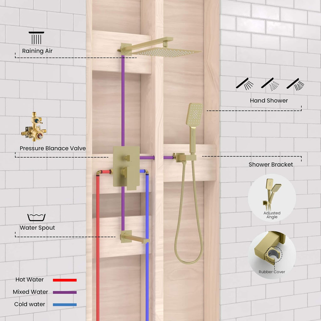 KIBI Cube 3-Function Brushed Gold Wall Mounted Bathroom Shower System | Solid Brass Pressure Balanced Valve Bath Faucet Set | 15-inch Shower Arm | Handheld Waterfall Shower Mode (KSF406BG)