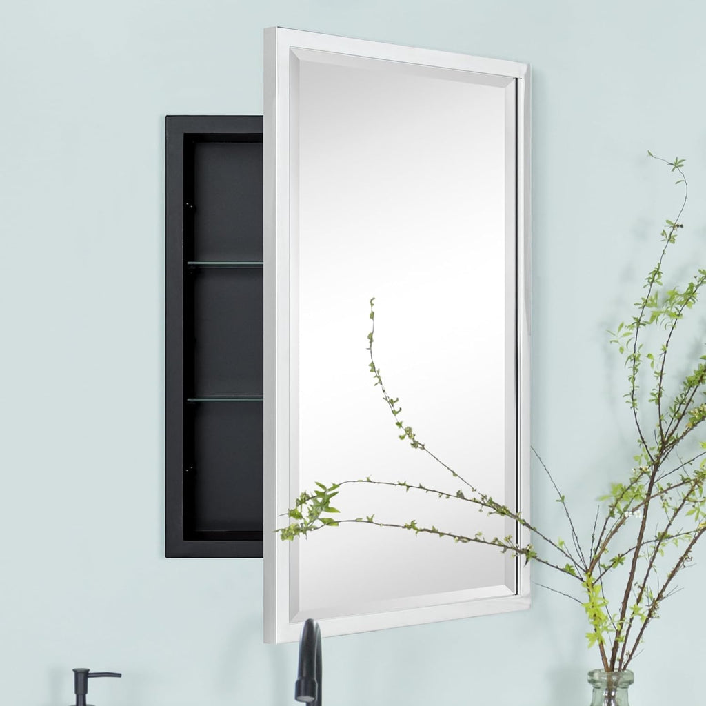TEHOME Chrome Recessed Bathroom Medicine Cabinet with Mirror Squared Cornered Rectangle Metal Framed Medicine Cabinet with Beveled Mirror 16x24''