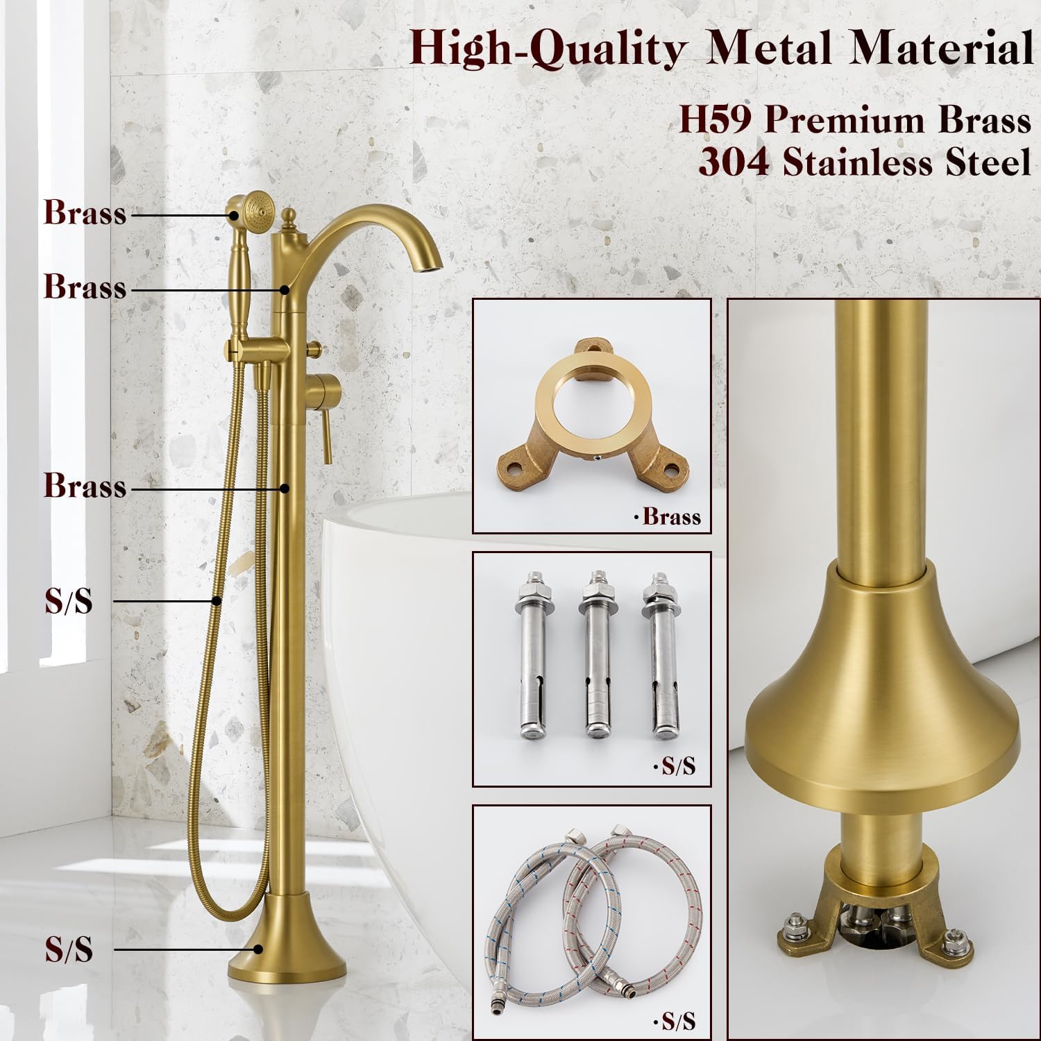Free Standing Tub Faucet, Brushed Gold Classic Freestanding Bathtub Faucet with Vintage Hand Shower Brass High Flow Rate Floor Mount Tub Filler Swivel Spout Roman Tub Faucet Set (WT-9002BG)